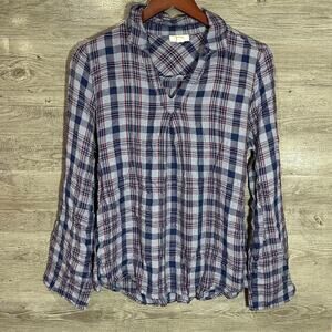 WRANGLER Womens Medium Plaid Blouse Roll Sleeves V Neck Blue